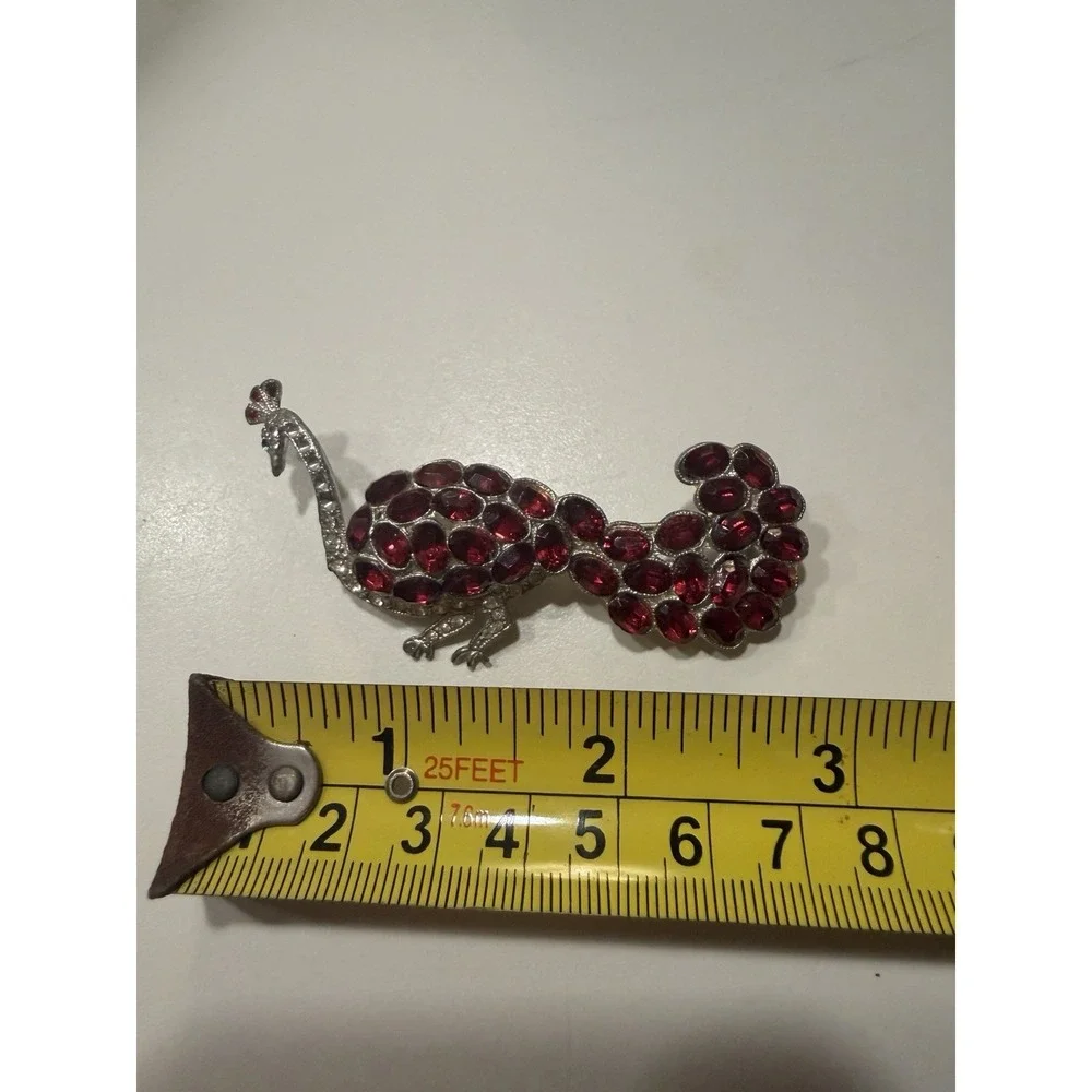 Vintage Red Peacock Enamel Brooch